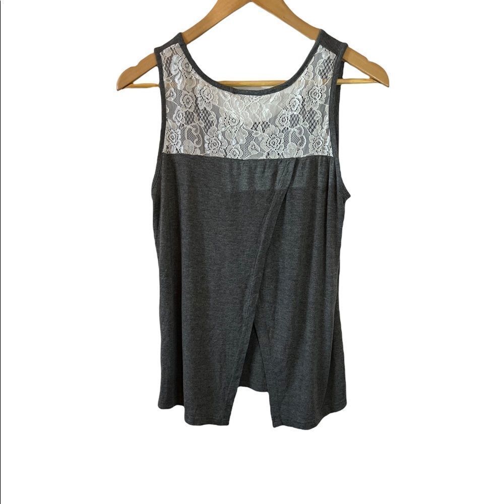 NOISY MAY Grey Cream Lace Top Open Back Sleeveless Wide Strap Lightweight Tank M